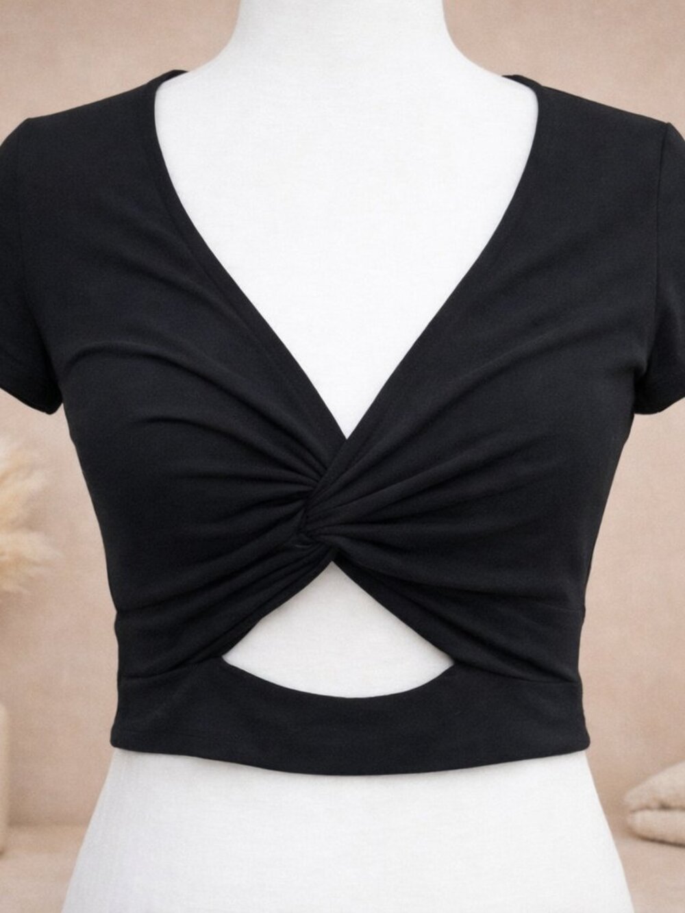 Black Twist Front Crop Top Short Sleeve V‑Neck Cutout Stretch Tee Capsule